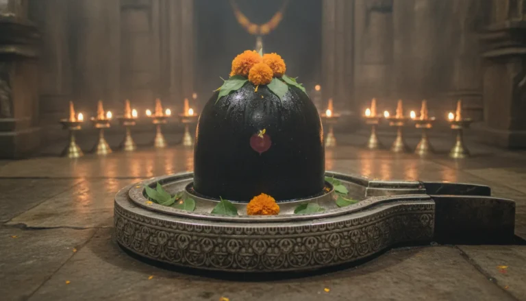 A close-up image of Shivling of Bhimashankar inside the sanctum sanctorum decorated with flowers.