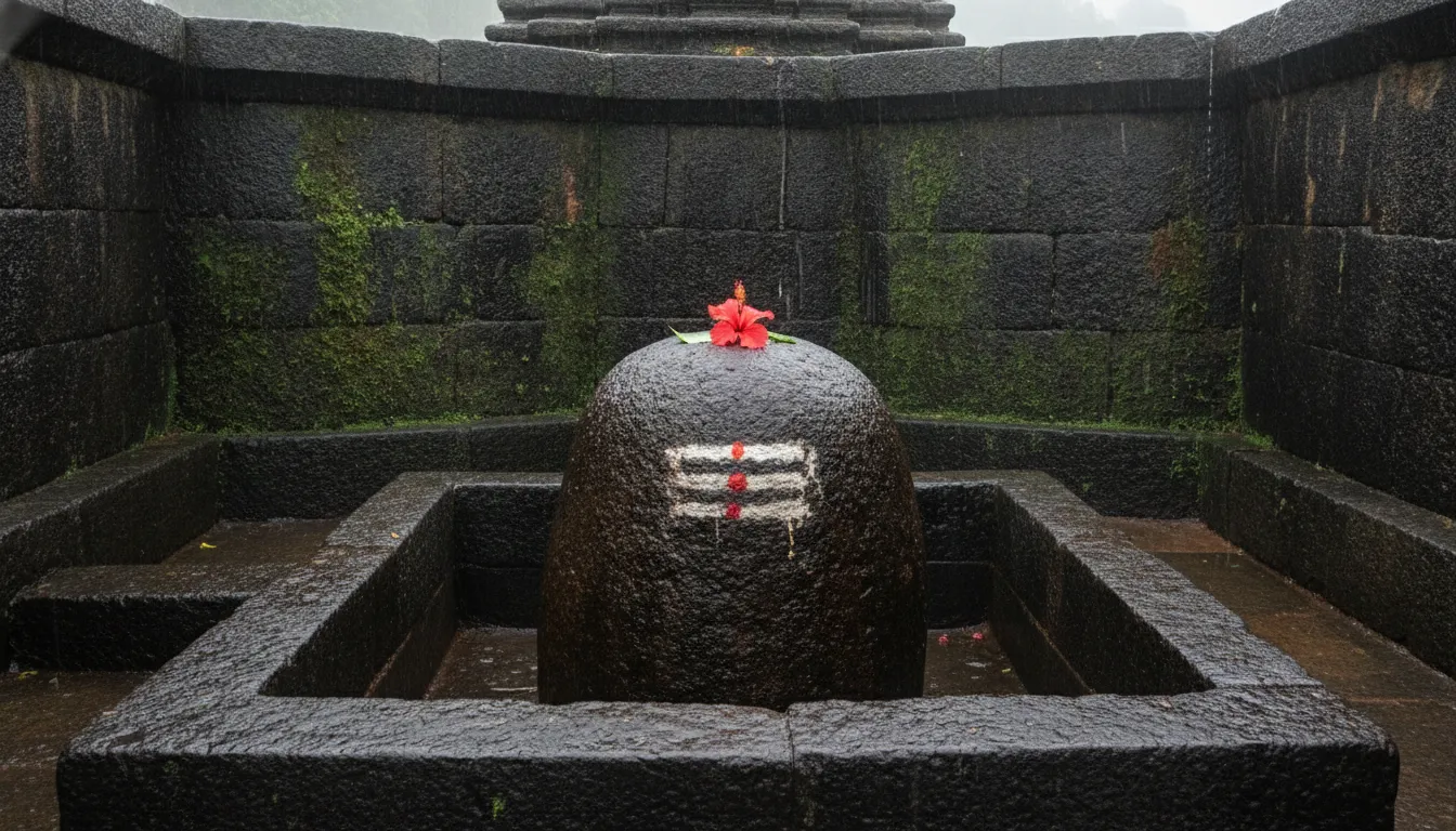 Bhimashankar Jyotirlinga shivling image displaying the unique wide stone structure surrounded by lush green Western Ghats elements.