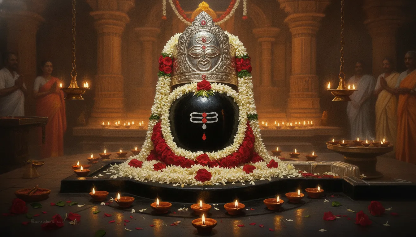The holy Shivling of Bhimashankar adorned with a traditional silver crown and three eyes of Lord Shiva.