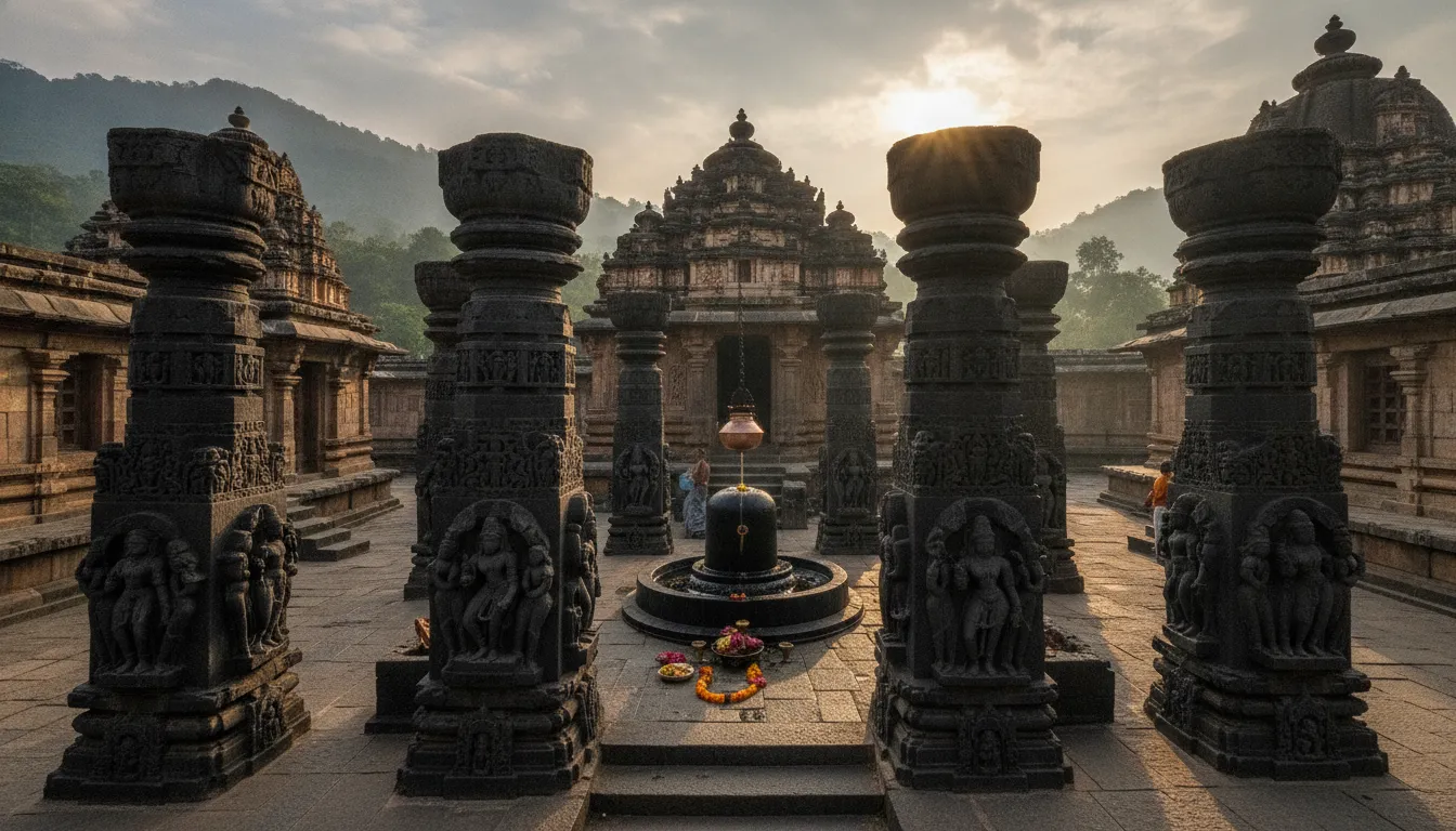 The holy Shivling surrounded by the intricate Nagara-style architecture of Bhimashankar temple.