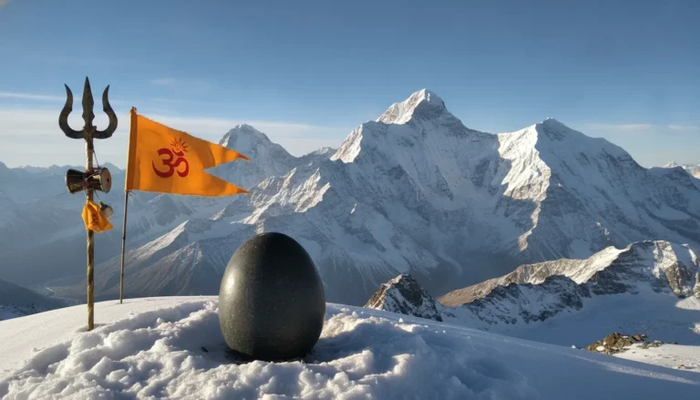 A sacred dark stone Bhole Shivling surrounded by snow-covered Himalayan mountains under a clear blue sky.