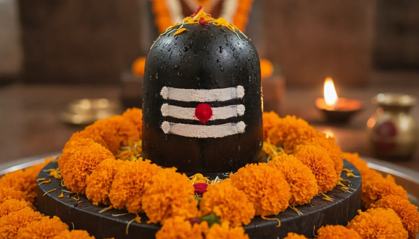 Black stone Shivling decorated with three horizontal sandalwood paste lines and a red kumkum dot.