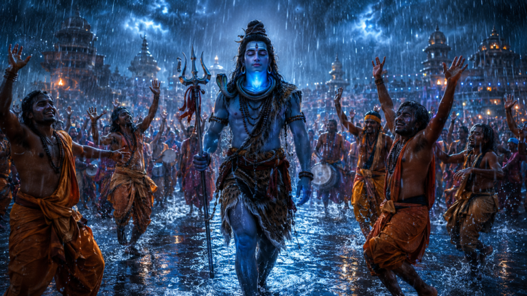 Lord Shiva walking under a dark rainy sky while ecstatic devotees dance around him.