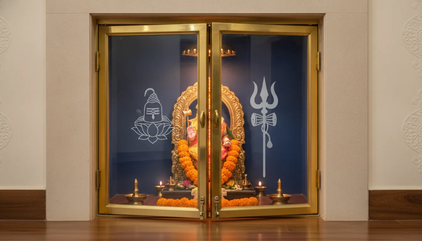 A set of bi-fold glass doors for a home mandir featuring traditional etched Shivling and trishul motifs on each panel.