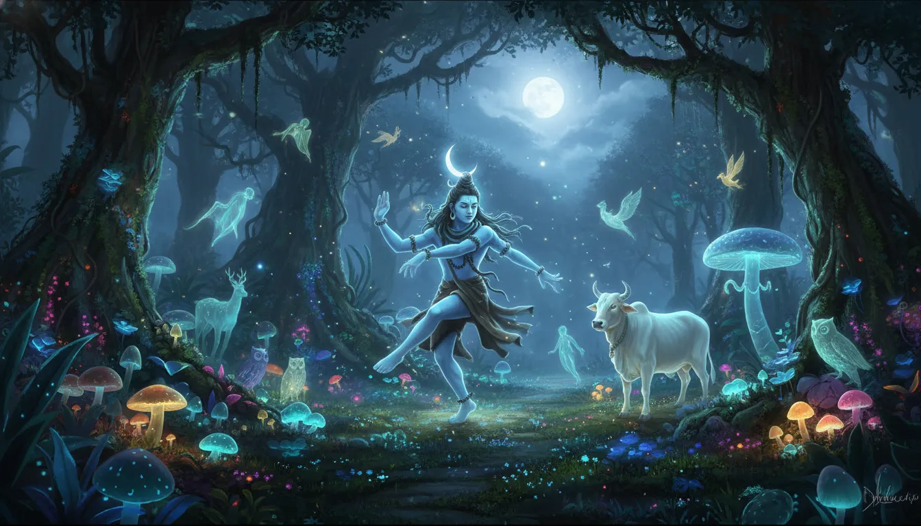Lord Shiva dancing in a glowing bioluminescent jungle at night alongside Nandi.