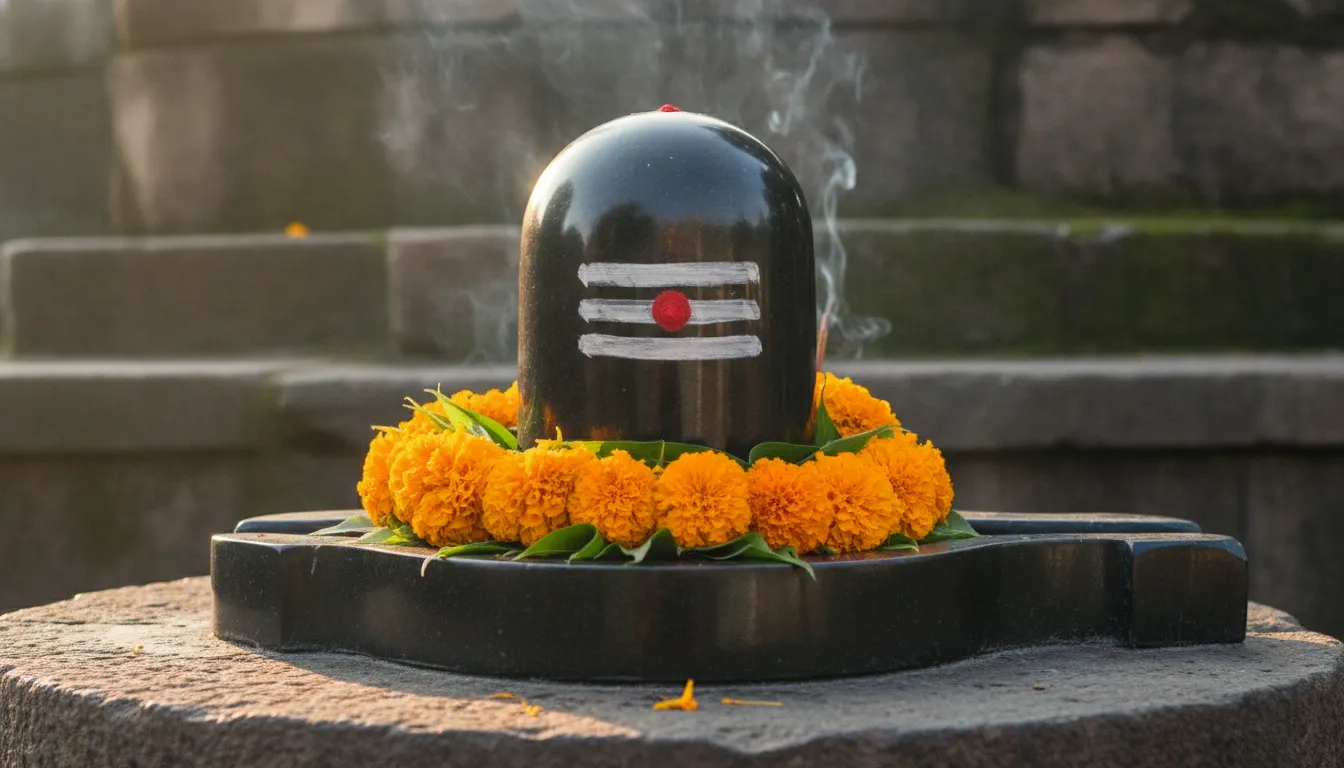 Elegant black marble Shivling with white sandalwood Tripundra tilak