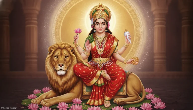 A close-up artistic portrait focusing on the faces of Goddess Durga and her protective lion.