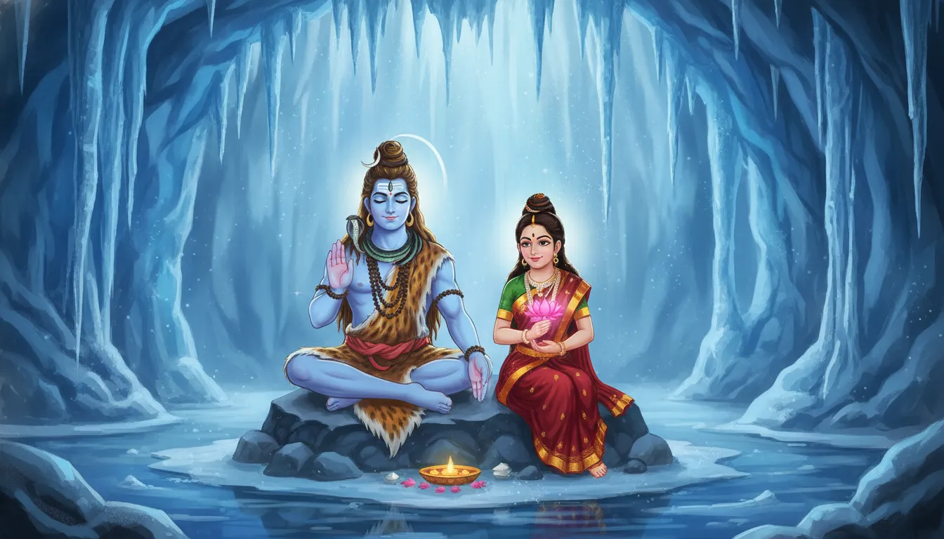 Cartoon vector graphics of Shiva and Parvati giving blessings inside a frozen mountain cave.