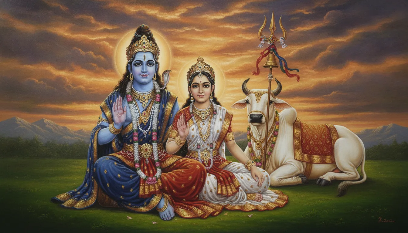 An art piece showing a blue-skinned figure raised in a blessing gesture while sitting with a woman, a white bull, and a trident.