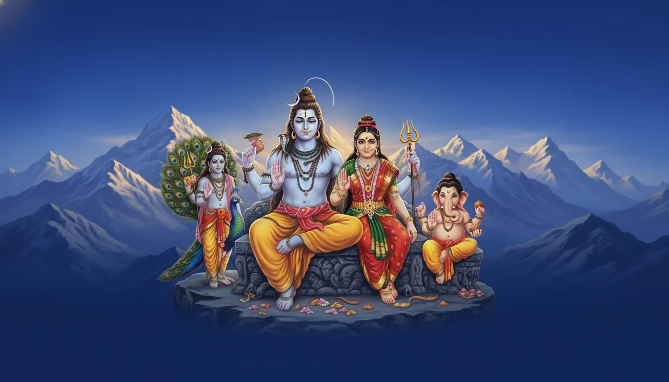 shiva parvati family blessing pose ganesha kartikeya snow mountains hd