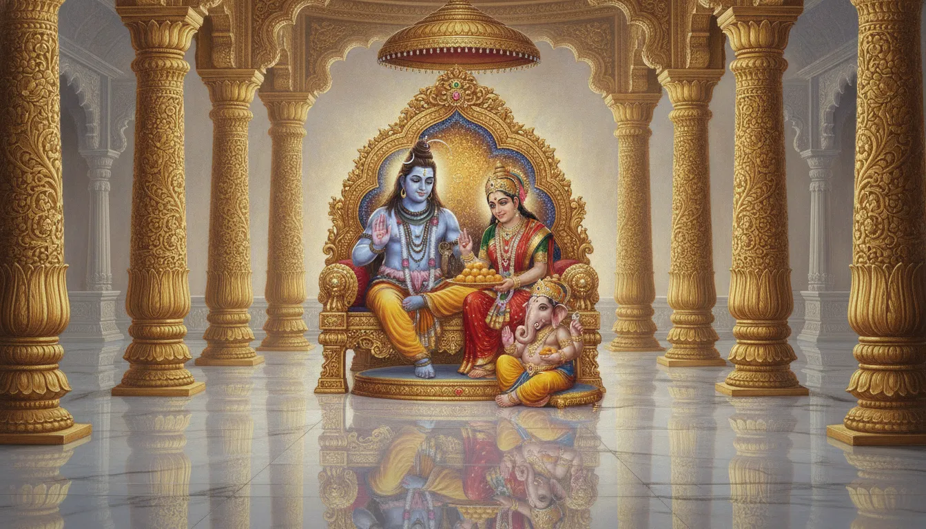 Ganesha receiving a sacred modak from Shiva and Parvati in a grand palace setting