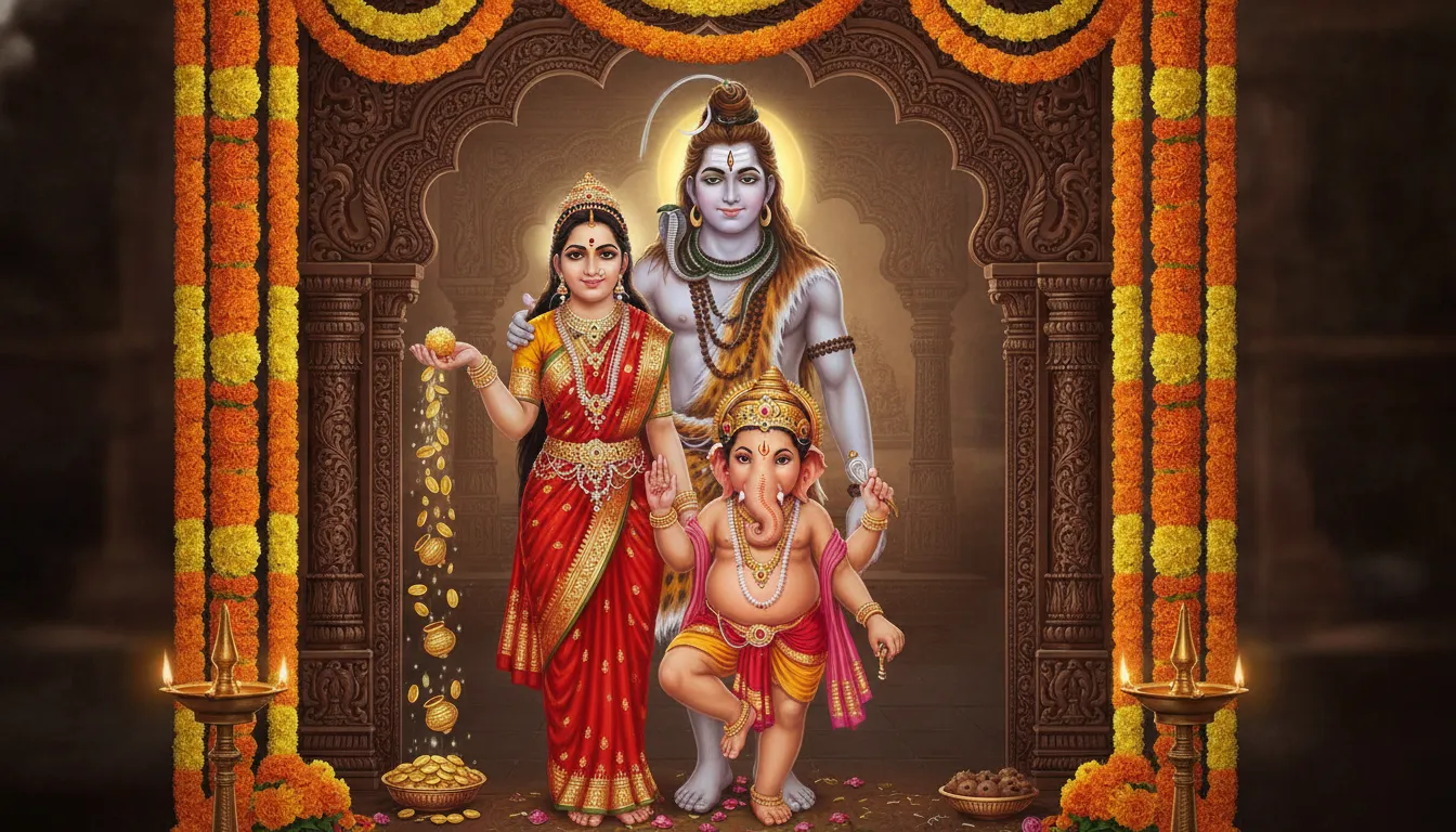 Lord Shiva and Goddess Parvati raising their hands in blessing with Ganesha and Nandi in a sacred temple setting.