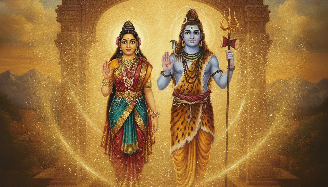 Classic art of Shiva and Parvati raising their hands in blessing with golden sparkles
