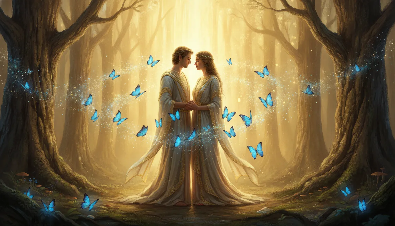 Glowing blue butterflies fluttering around a peaceful divine couple in a radiant golden forest glade.