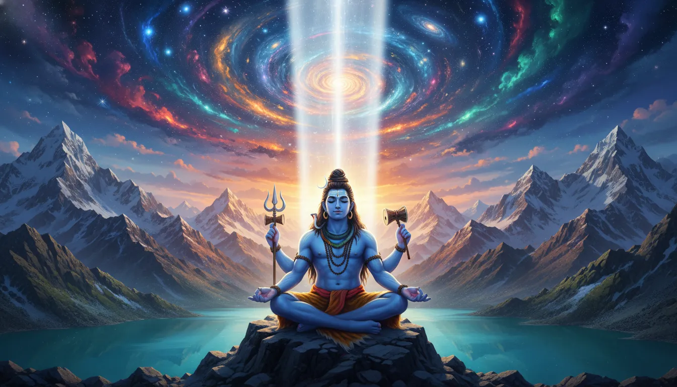 A vibrant image of blue skinned Shiva meditating under a bright beam of celestial light.