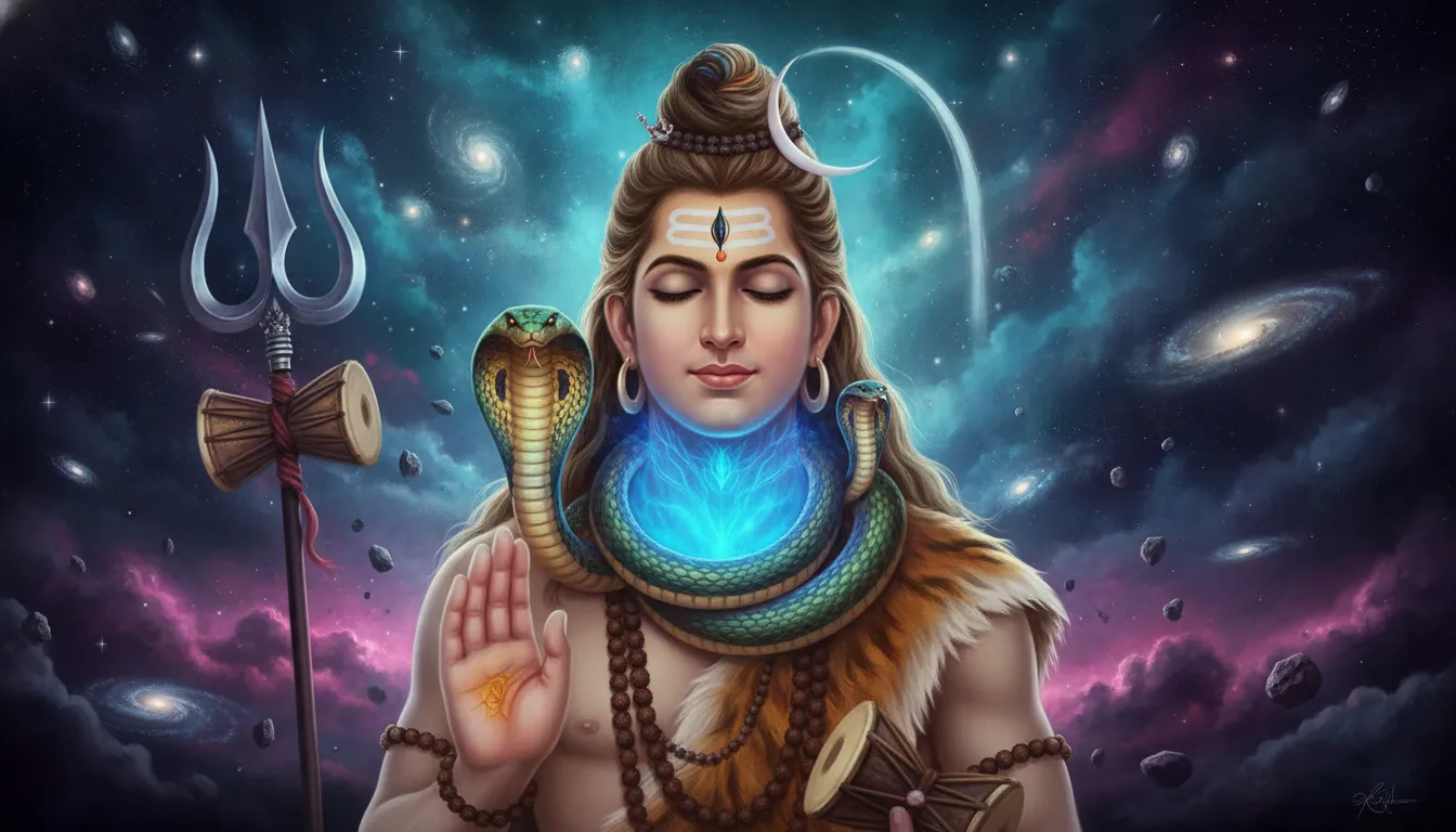 Cosmic digital painting of Lord Shiva as Neelkanth with a glowing blue throat.