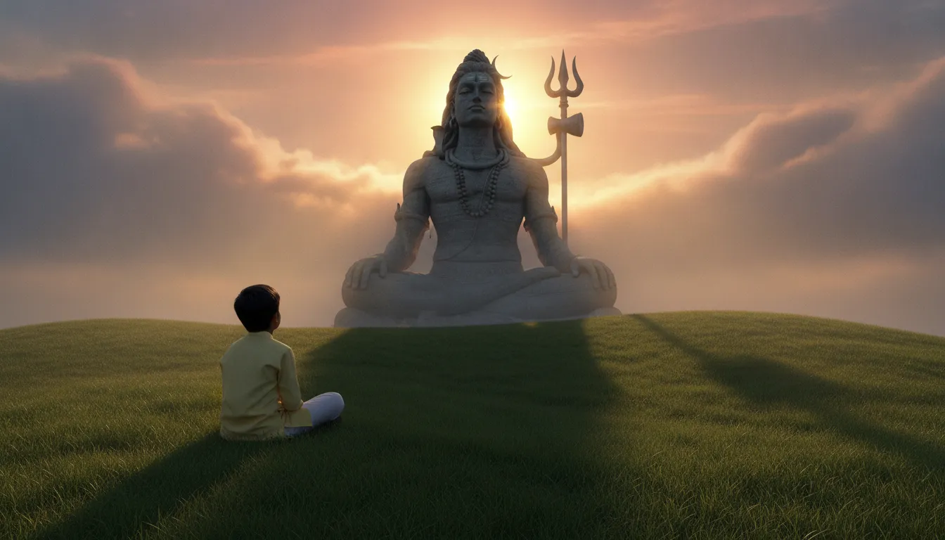 A young boy sitting peacefully looking up at a massive stone statue of Lord Shiva.