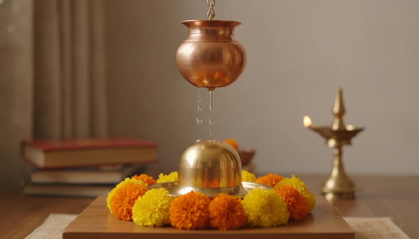 A shiny golden brass Shivling decorated with fresh marigolds and a copper vessel pouring water.