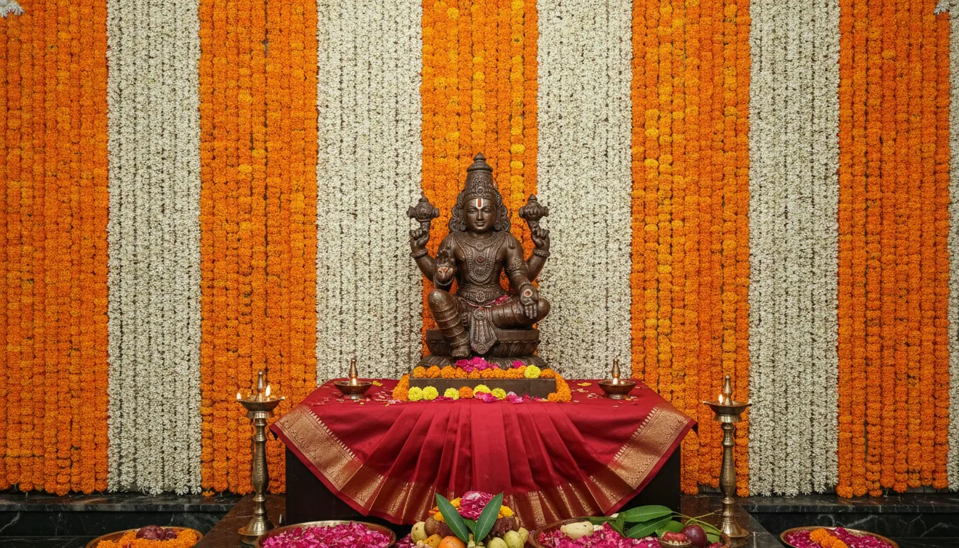 A bronze Hindu deity statue standing against a complete backdrop wall made of woven jasmine and marigold garlands