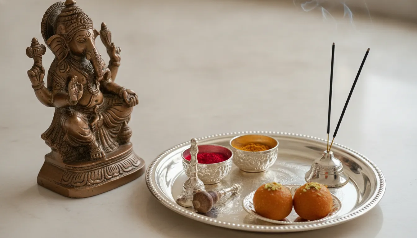 A bronze Hindu deity statue next to a polished silver pooja thali containing sweets, kumkum, and incense holder