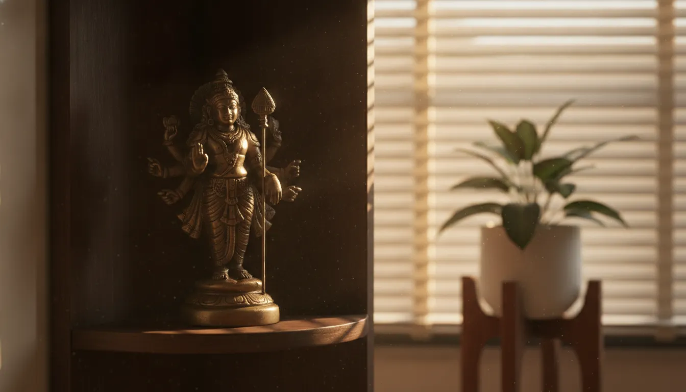 Natural morning sunlight streaming through a window onto a bronze Hindu deity statue in a peaceful room corner.
