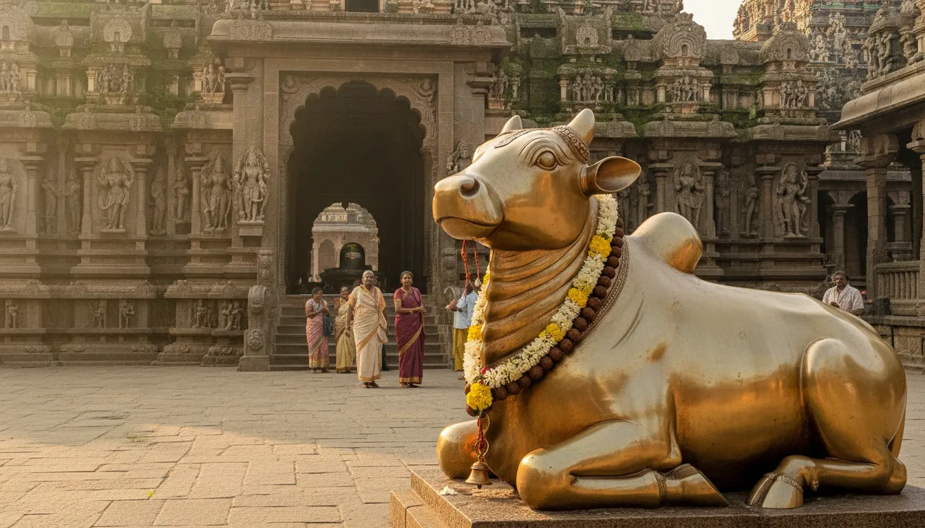Bronze idol of Nandi Bull sitting peacefully in the courtyard, facing towards the inner sanctum of Singheshwar Mandir.