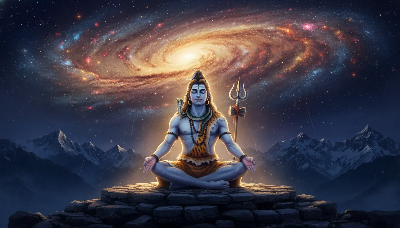 Lord Shiva meditating calmly while a new galaxy forms in the cosmic sky above.