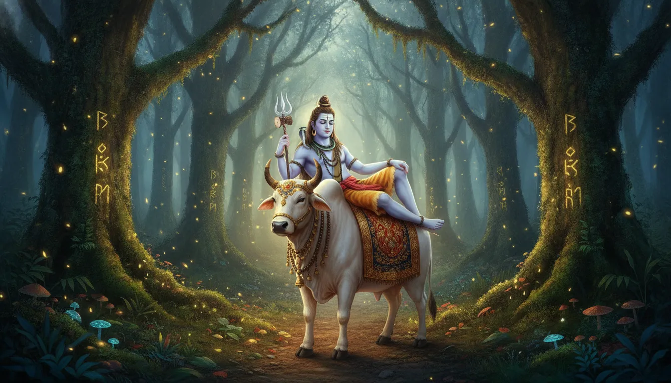 Lord Shiva sitting peacefully on Nandi the bull in a mystical glowing forest.