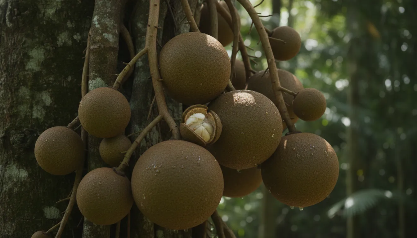 A detailed image of the large, round, brownish-green, cannonball-like fruits of the Shivling tree.