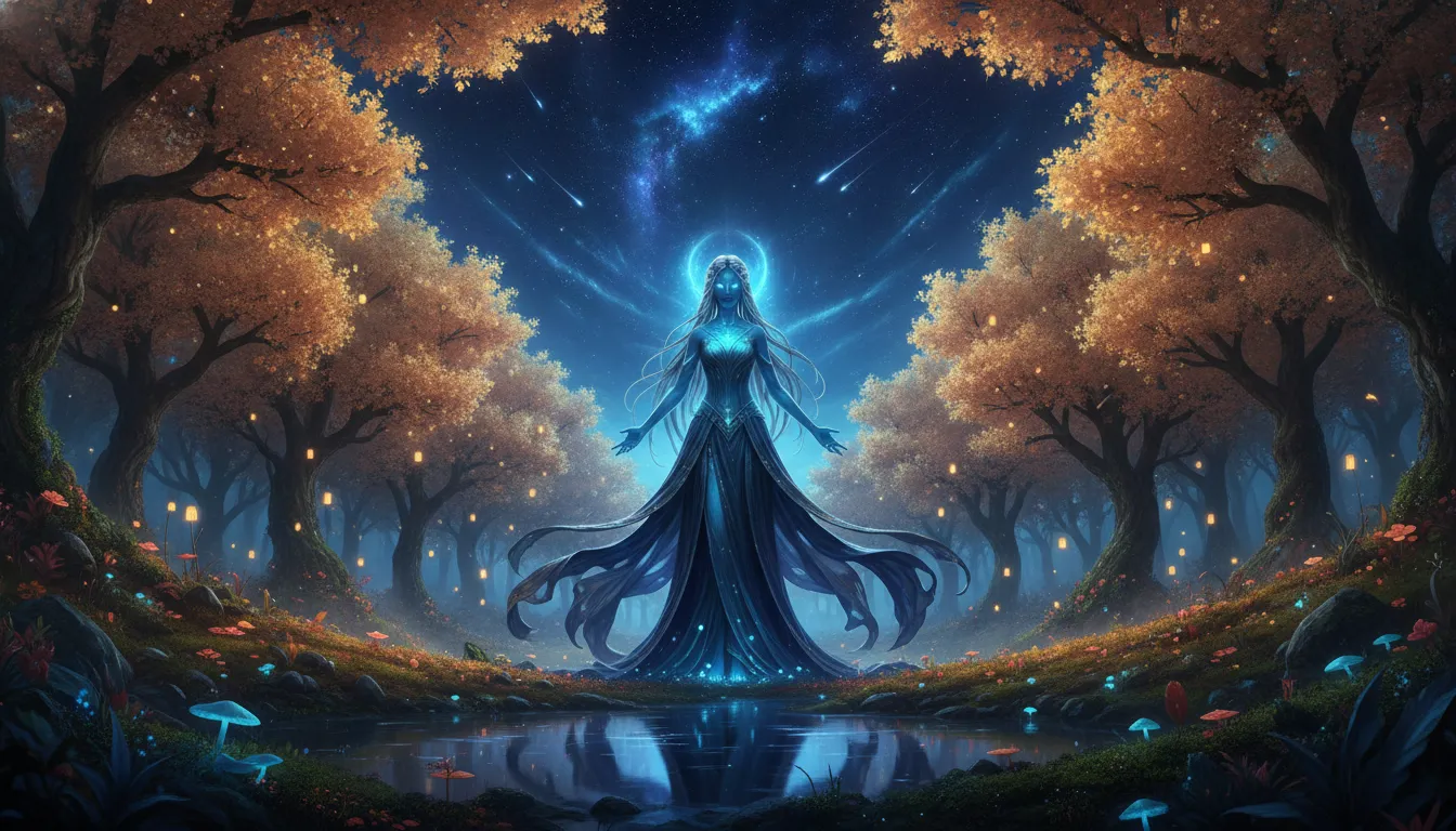 A night scene in a golden forest where the leaves glow like warm embers under a starry fantasy sky.