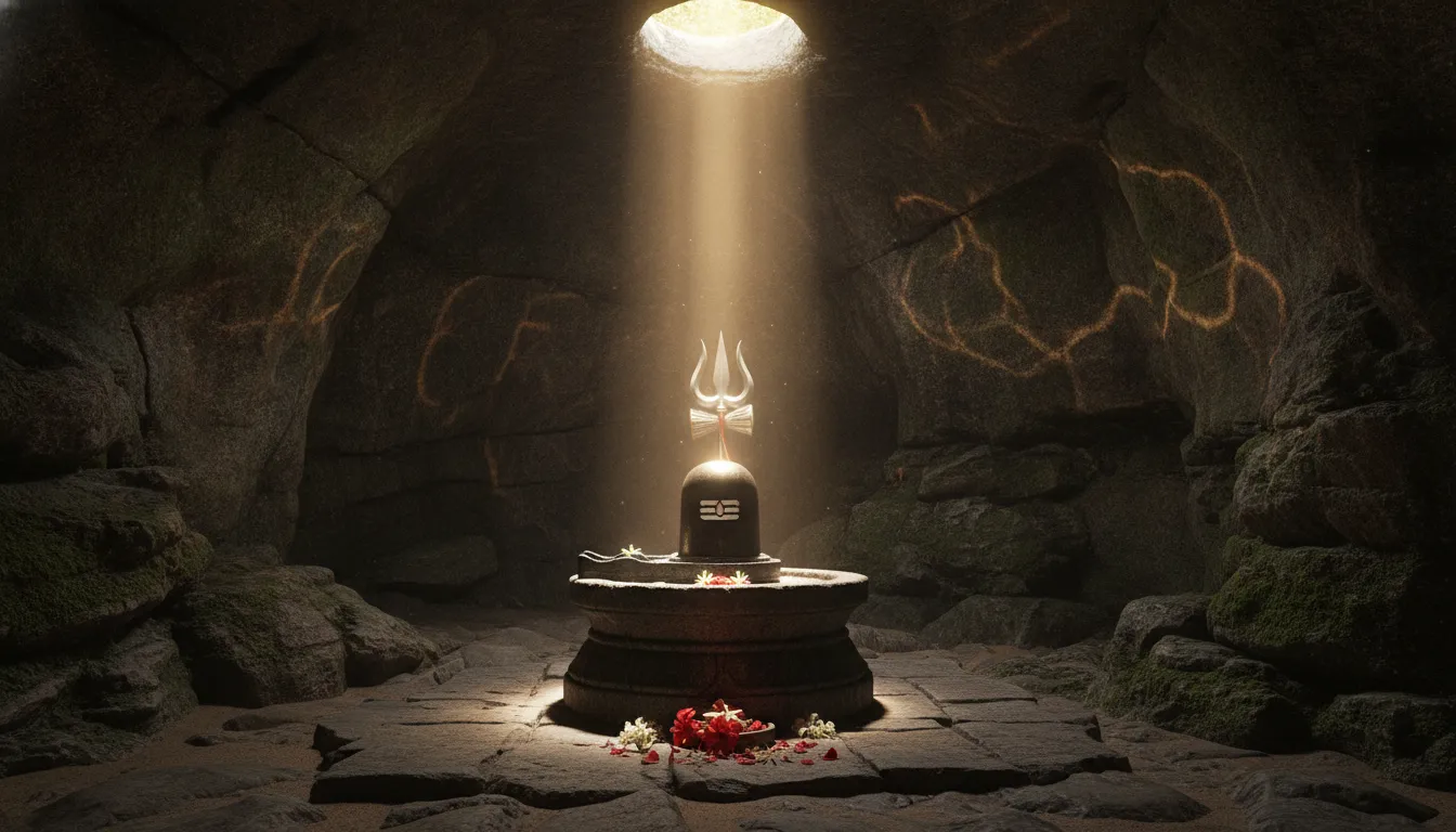 A divine beam of sunlight illuminating a stone Shiva Lingam inside a deep rock cave temple.