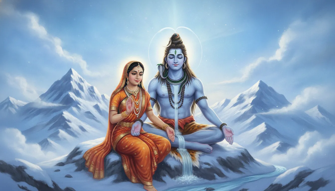 Lord Shiva and Goddess Parvati sitting on Mount Kailash surrounded by snow and divine glow