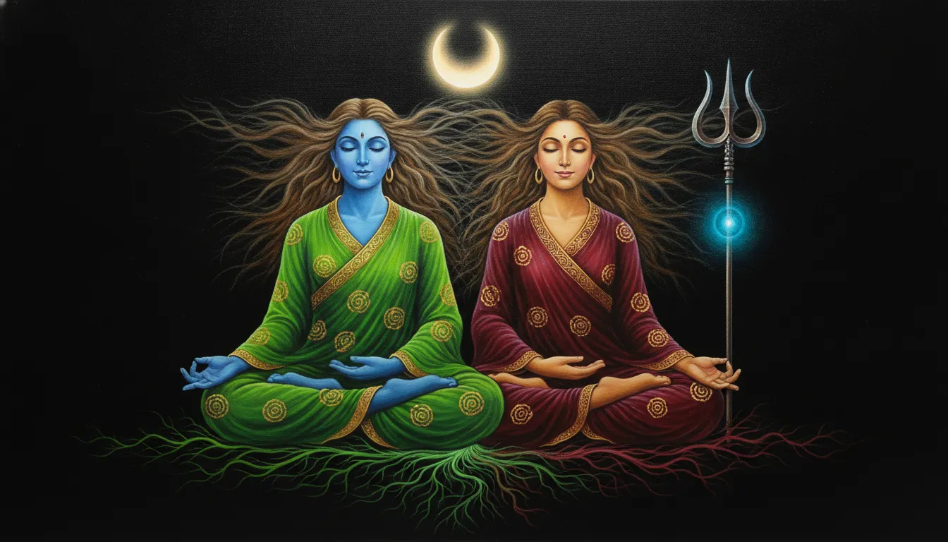 A blue divine figure and a woman seated in meditation against a cosmic black background with a crescent moon.