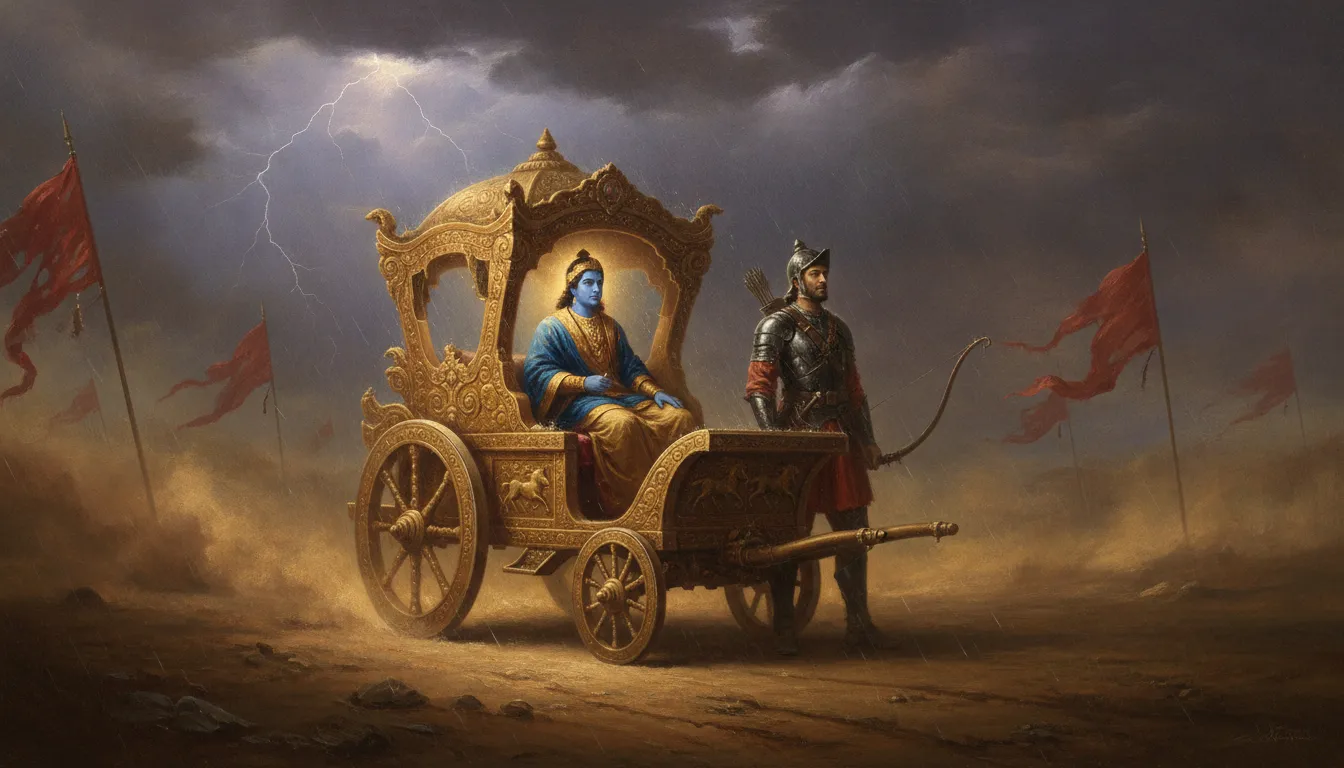 Golden chariot with a divine blue-skinned master and an armored archer standing firm against a dark stormy sky.