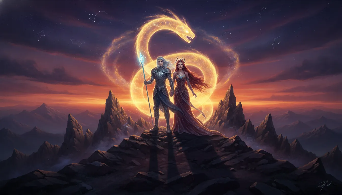 Celestial couple standing on a mountain peak with a serpent symbol during a deep red twilight sunset