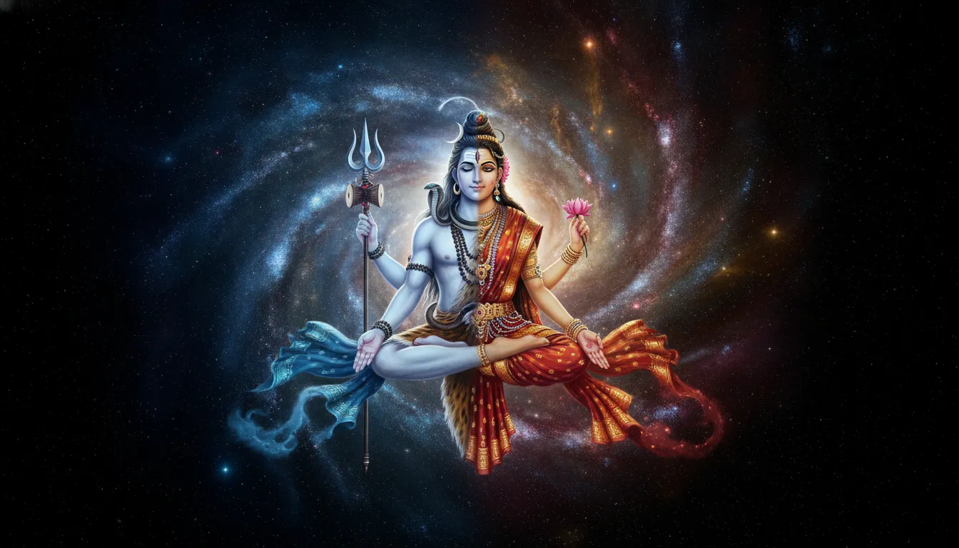 Ardhanarishvara floating in a galaxy with glowing nebula background