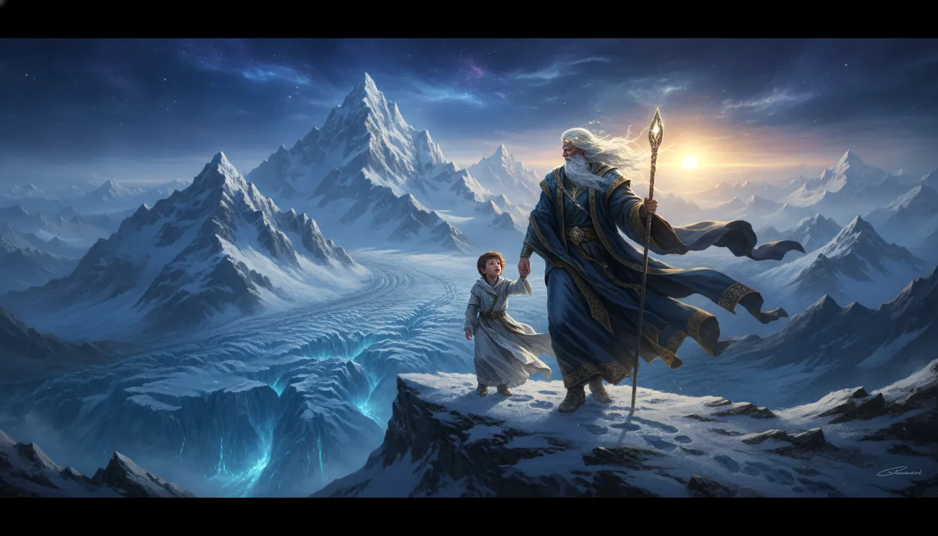 Celestial father guiding his young son up a steep snowy mountain peak