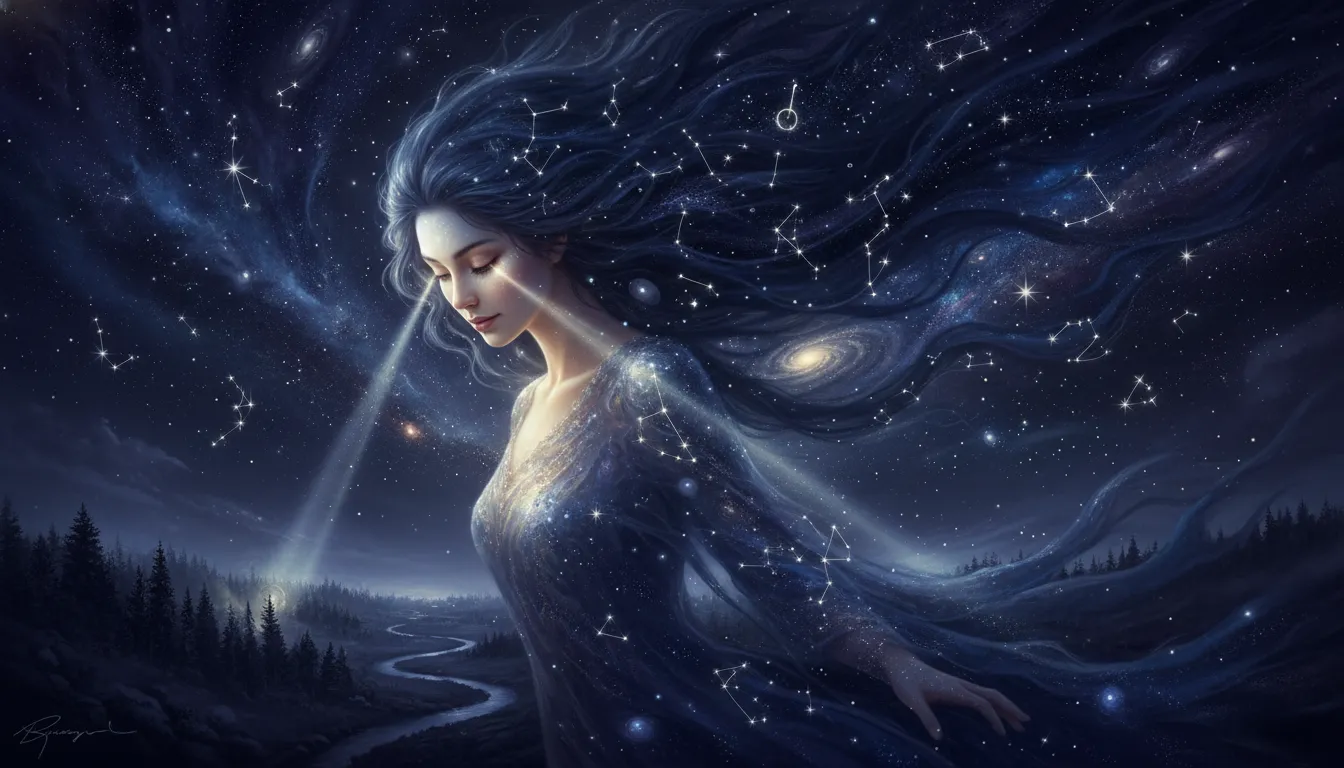 A beautiful celestial goddess smiling down from a starry night sky full of constellations