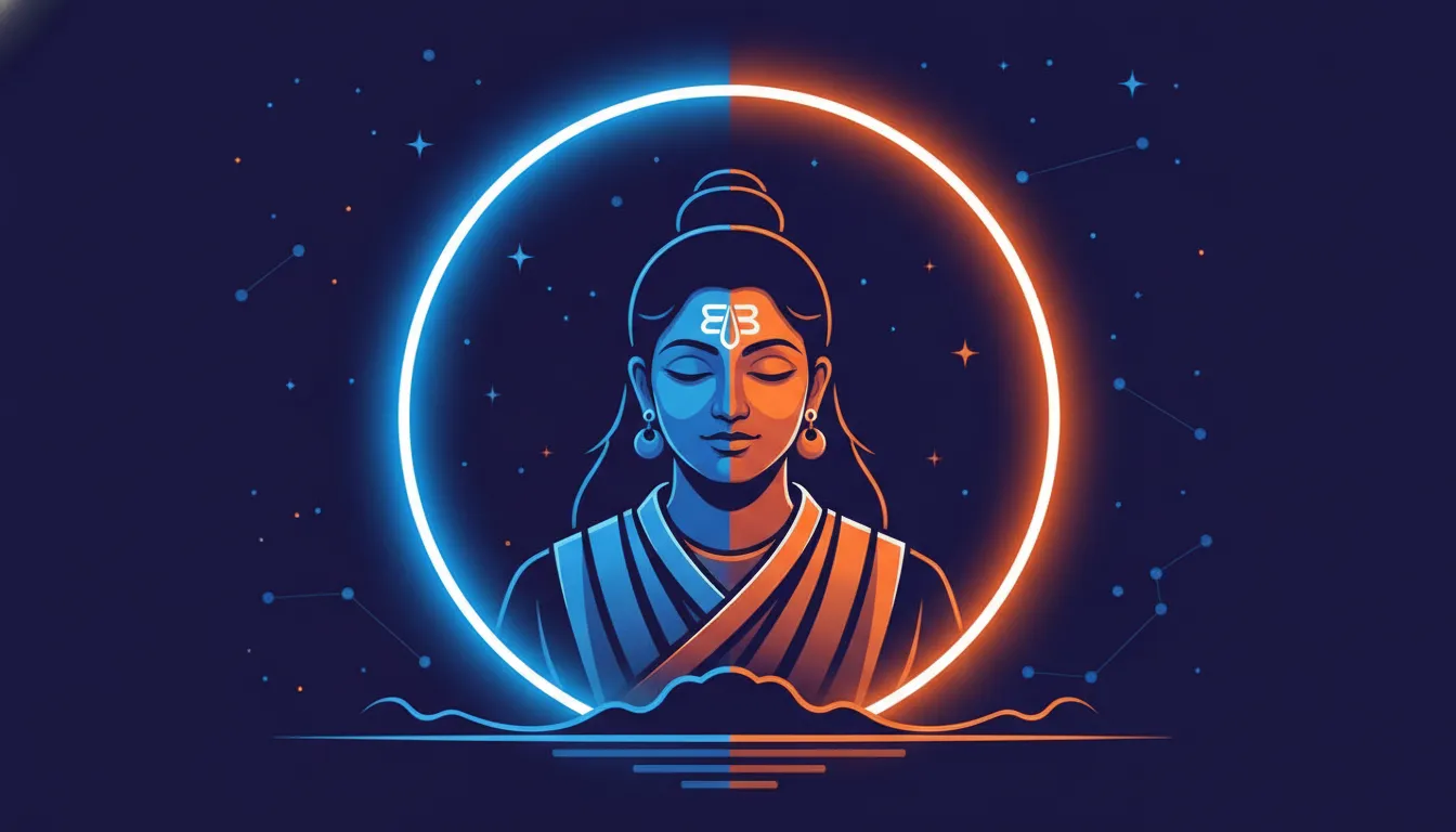Divine couple surrounded by a circular neon halo of electric blue and bright orange light.