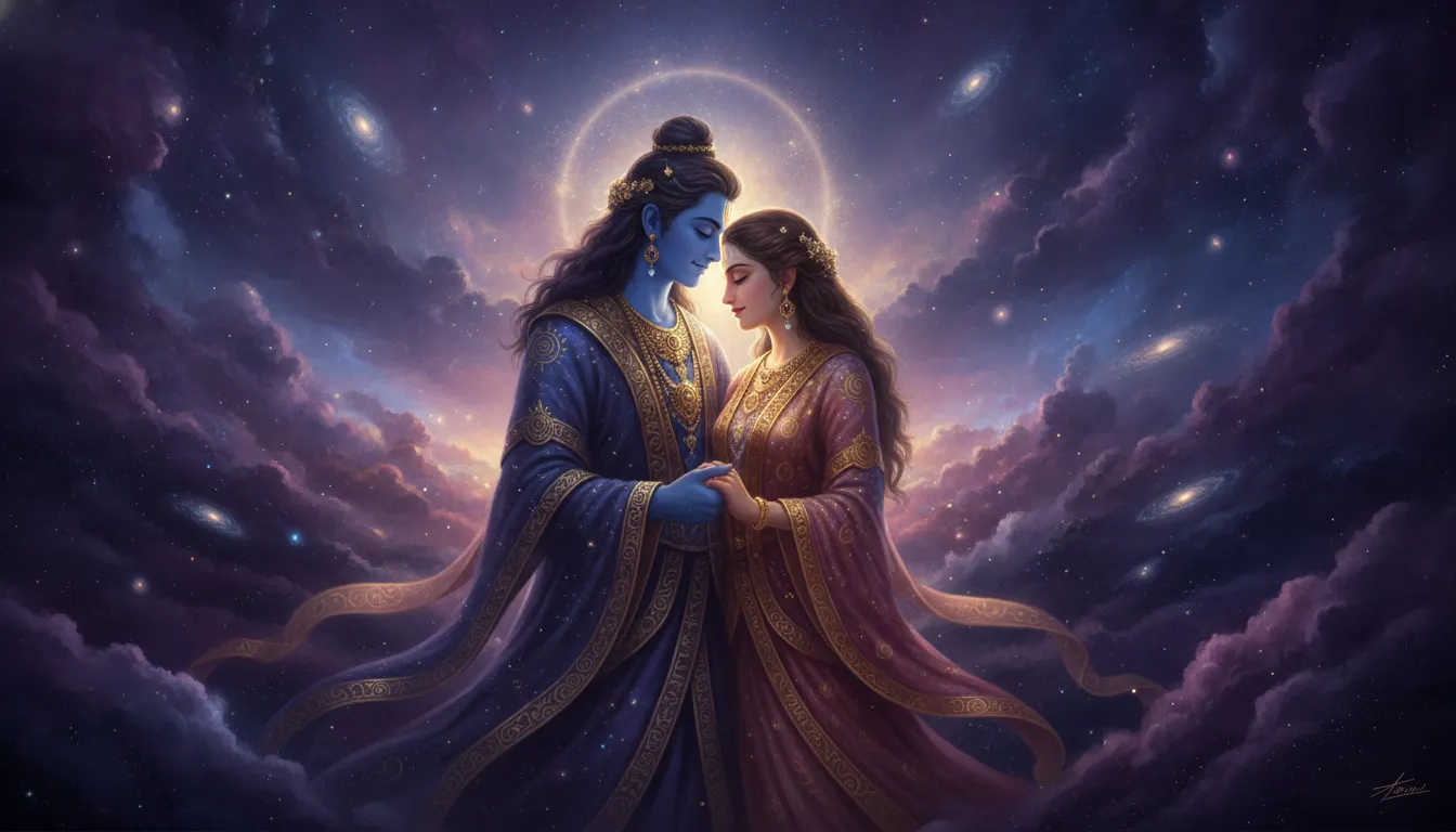 Mythological blue deity and goddess embracing amid glowing purple and gold cosmic nebula