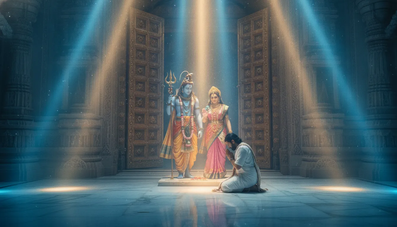 Rays of celestial blue and gold light surrounding Shiva and Parvati blessing a follower at a temple portal