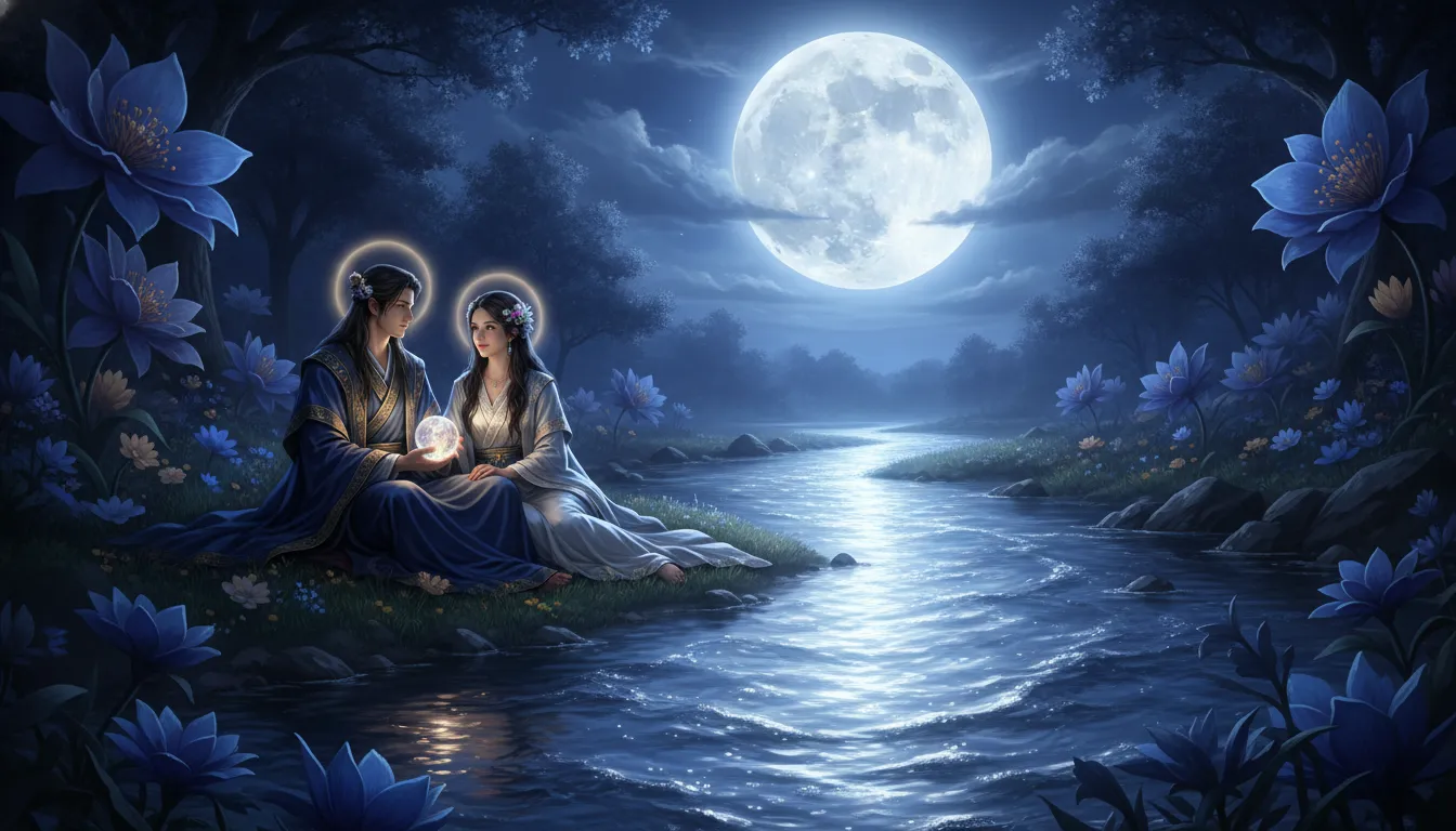 Divine couple sitting by a calm river under a massive full moon.