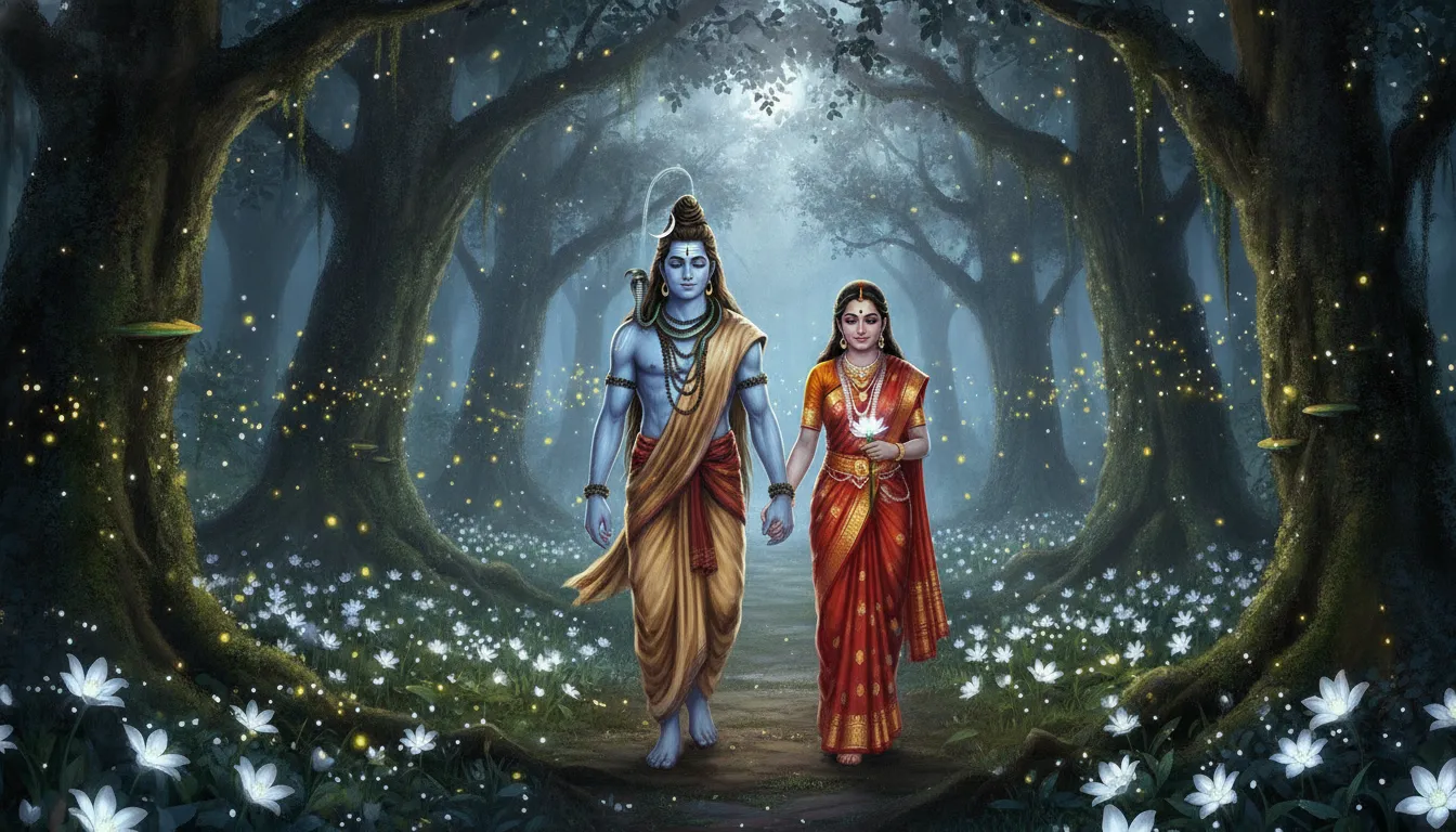 Shiva and Parvati walking hand in hand through a glowing night forest filled with magical fireflies