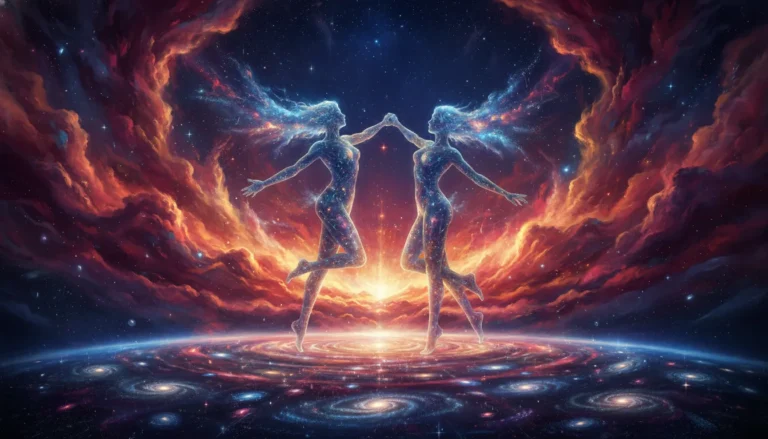 Two giant celestial beings dancing in a fiery nebula with stars and galaxies.
