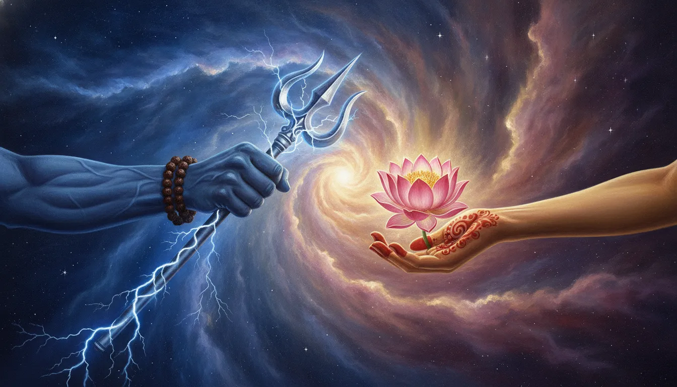 Split hands of Shiva holding a glowing Trishul and Parvati holding a cosmic lotus flower