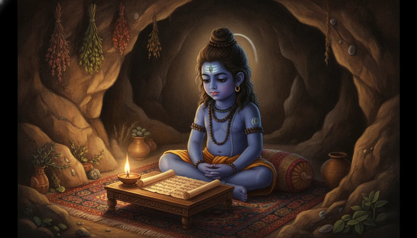 A young Shiva listening intently with an open book inside a warm, lit cave.