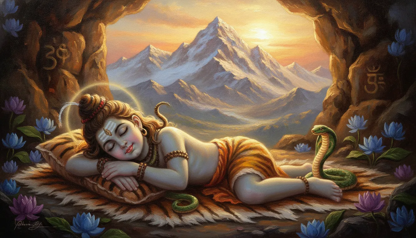 A young, cute depiction of Lord Shiva sleeping peacefully on a tiger skin.