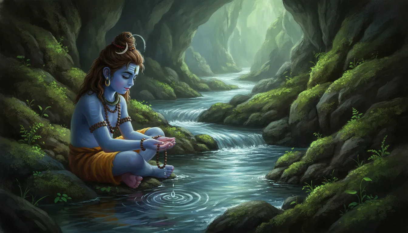 Young Shiva sitting by a small water spring inside a mystical cave with green plants.