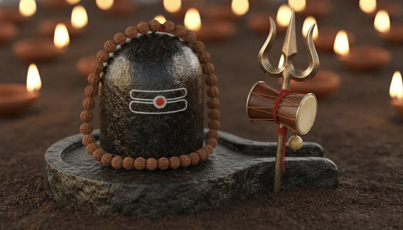 Detailed 3D close-up view of a sacred Shivling with Lord Shiva's Trishul and Damru beside it.