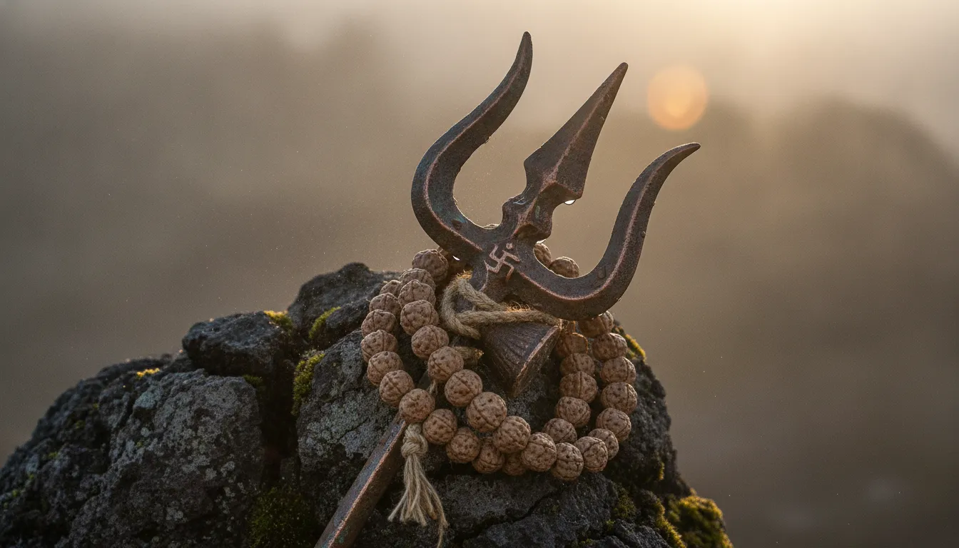 Macro photograph of authentic Rudraksha beads wrapped around a metallic Trishul.